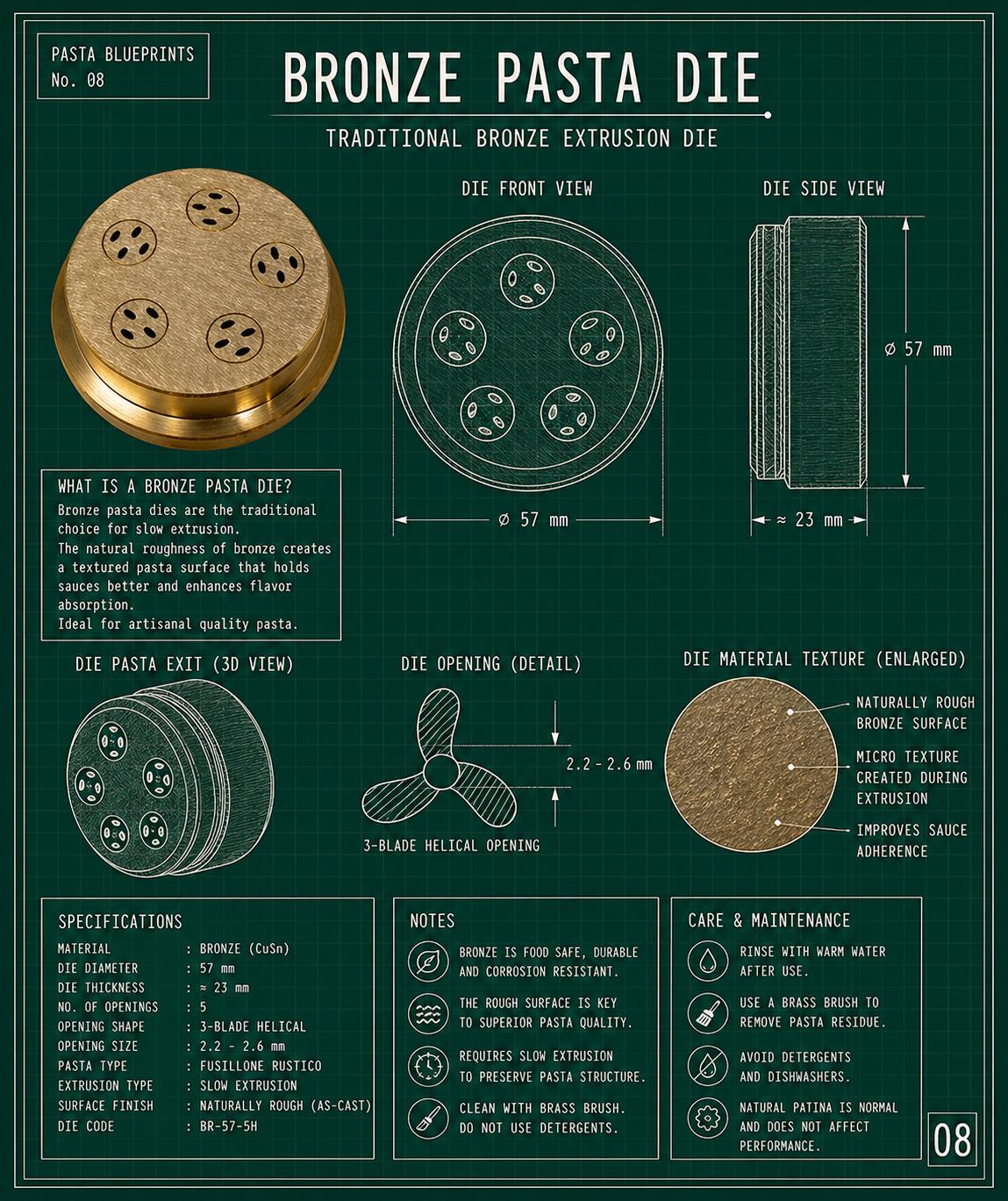 Bronze pasta die — traditional extrusion die used at Pasta Press