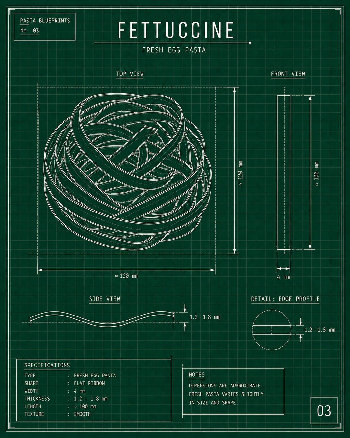 Fettuccine technical blueprint — flat ribbon fresh egg pasta